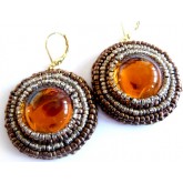 Brown Amber Earrings, Cinnamon, Round, Elegant, Boho Chic,